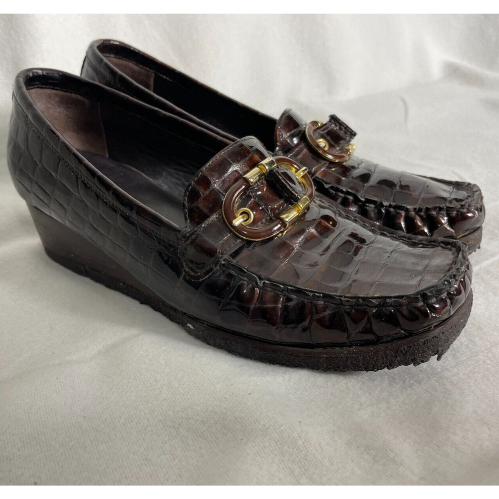 Stuart Weitzman Sz 7M Brown Croc Leather‎ Wedge Slip-On Loafers